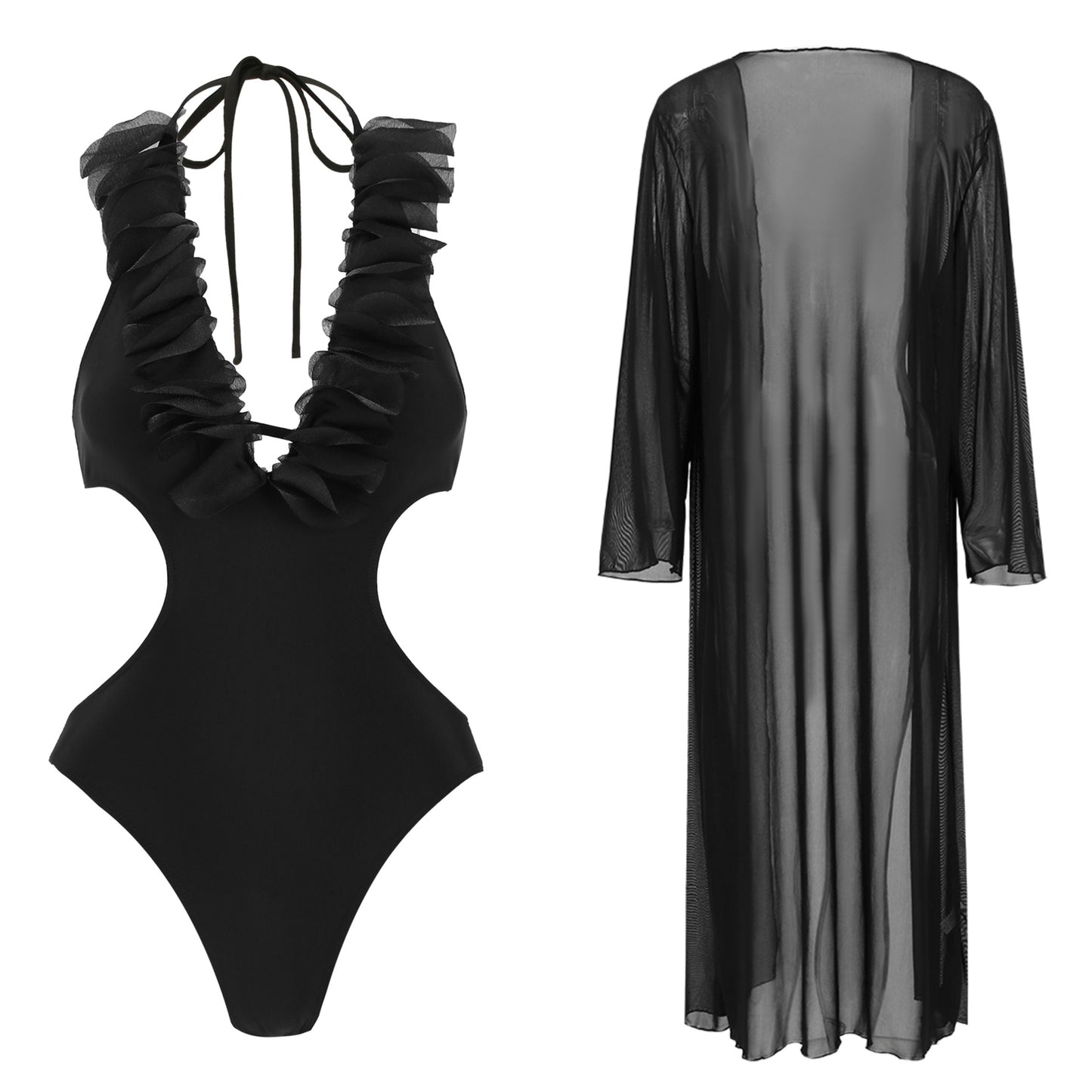 Pure Black One Piece Swimsuit Women Overall Two Piece Set Lace up Deep V Plunge Sexy Swimsuit