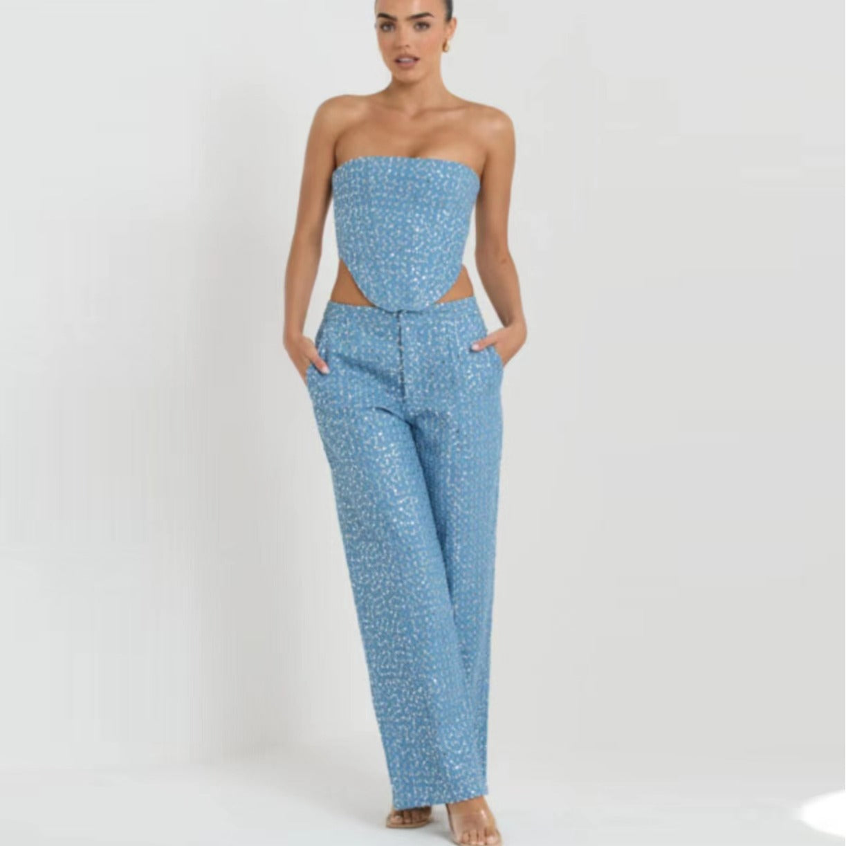 Spring Summer Denim Sequ Tube Top Wide Leg Pants Suit