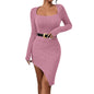 Women Clothing Spring Summer Square Collar Slit Irregular Asymmetric Sexy Dress