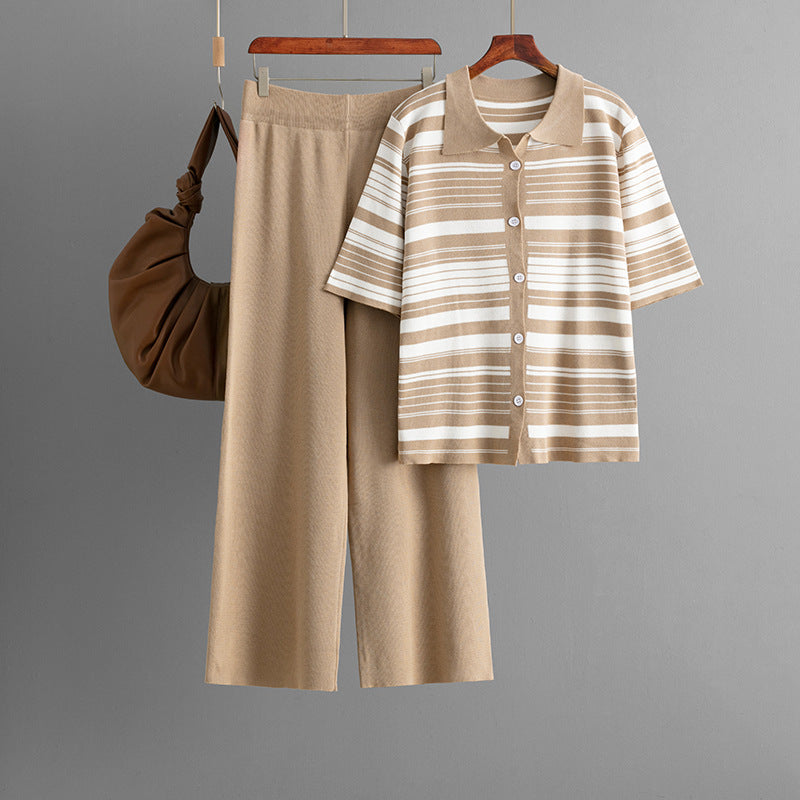 Fashionable Knitted Women Summer Striped Loose Short Sleeved Shirt Casual Pants Two Piece Set