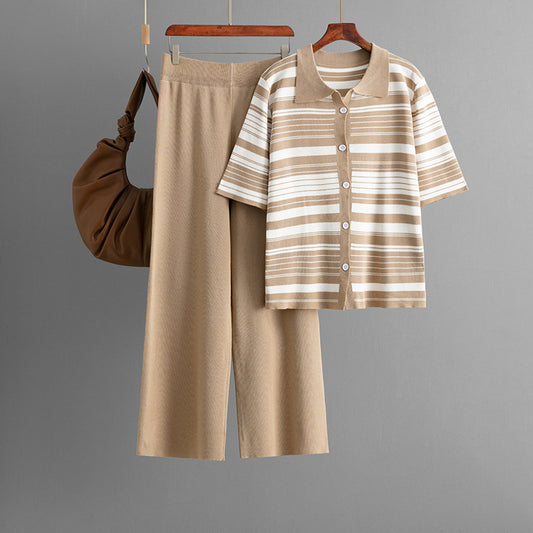 Fashionable Knitted Women Summer Striped Loose Short Sleeved Shirt Casual Pants Two Piece Set
