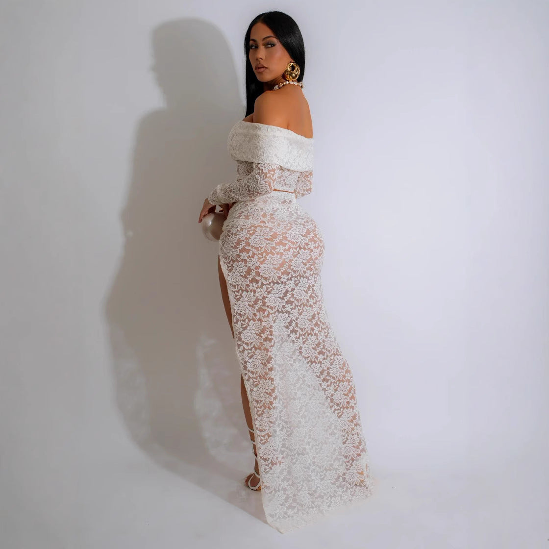 Sexy Tube Top Lace Suit Skirt Autumn Long Sleeve Pleated High Slit Women Skirt