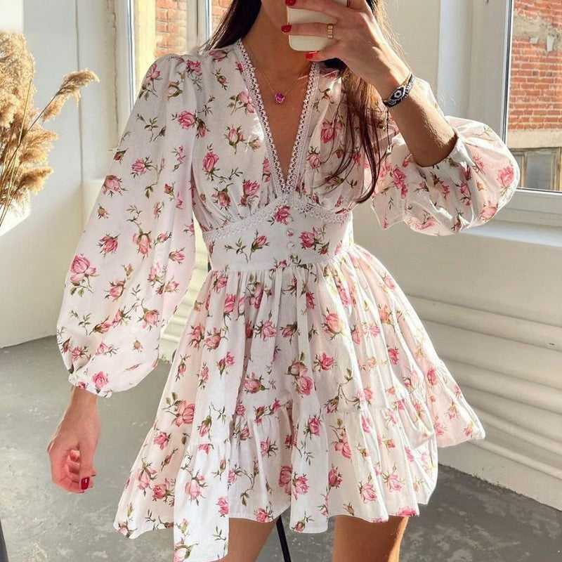 Spring Women Clothing Sweet Elegance Printed V neck Lace Waist Trimming Short Dress