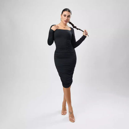 Sexy Stretch Solid Color Square Collar Ruffle Hip Slim Fit Mid Length Dress