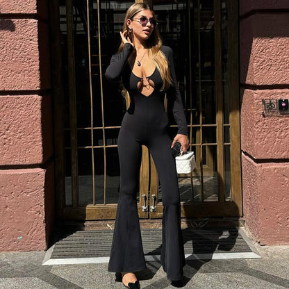 Women Clothing Autumn Solid Color Long Sleeve Flared Pants V Neck Skinny Jumpsuit Women