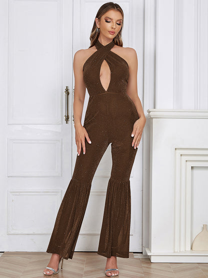 Dress Simple Sexy Halter Hollow Out Cutout Backless Slim Flared Pantyhose for Women