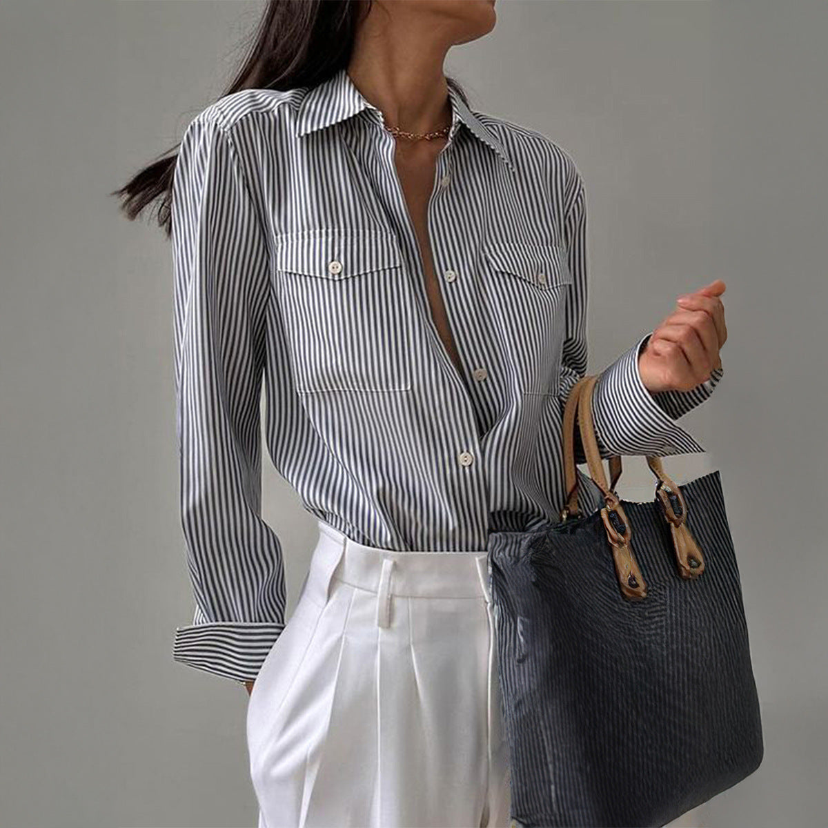 Spring Summer Casual Loose Pockets Striped Contrast Color Cardigan Women Clothes Top Shirt