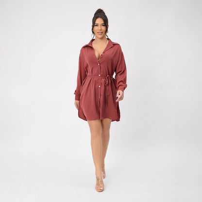 Casual Long Sleeve Women Clothing Long Shirt Collar Belt Two Piece Shorts Sets Women Spring