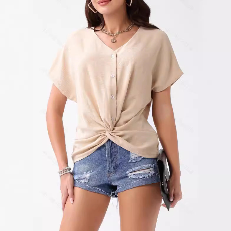 Summer Arrival Women Wear Irregular Asymmetric Hem Button Short Sleeve T shirt