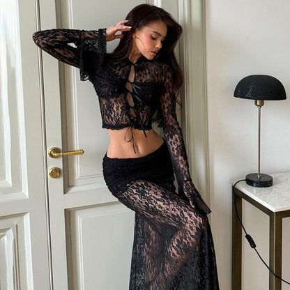 Lace See Through Two Piece Women Sexy Sexy All Match High Waist with Straps Long Skirt Set