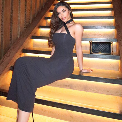 Spring Autumn Women Clothing Sexy Slim Halter Lace Up Tube Top Dress Solid Color Sheath Maxi Dress