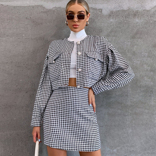 Casual Short Set Long-Sleeved Single-Breasted Top High Waist Hip-Wrapped Skirt Sports Two-Piece Set