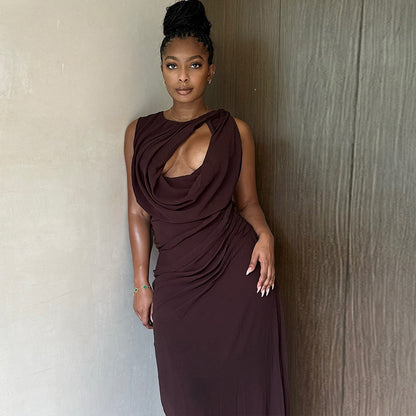 Personalized Pleated Hollow Out Cutout Solid Color Tight Crew Neck Split Maxi Dress Loose Elegant Women Clothing