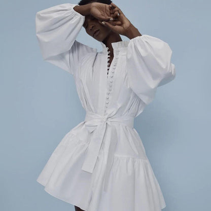 Cotton French Elegant Long Sleeve Dress Women Ruffle Collar Pleated Single Breasted Strap A line Dress