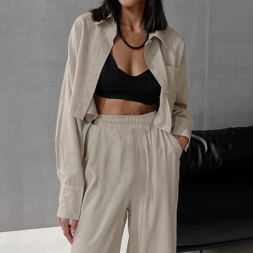 Khaki Long Sleeve Shirt Trousers Casual Cotton Linen Suit Spring Two Piece Suit Women Clothing