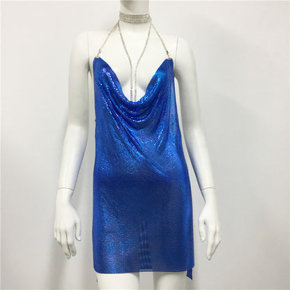 Metallic Coated Fabric Women Clothing Metal Sequ Dress Sexy Sweet Spicy Dress Rhinestone Cami Dress Women