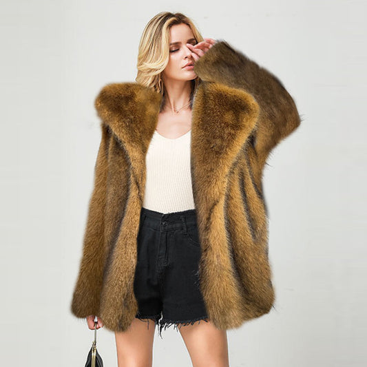 Popular Autumn Winter Faux Fur Mid Length Coat Warm Faux Fur Coat