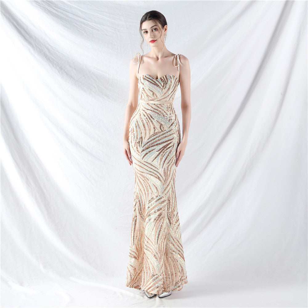 Rope Double Binding Strap Tube Top Encryption Lamination Sequin Evening Dress