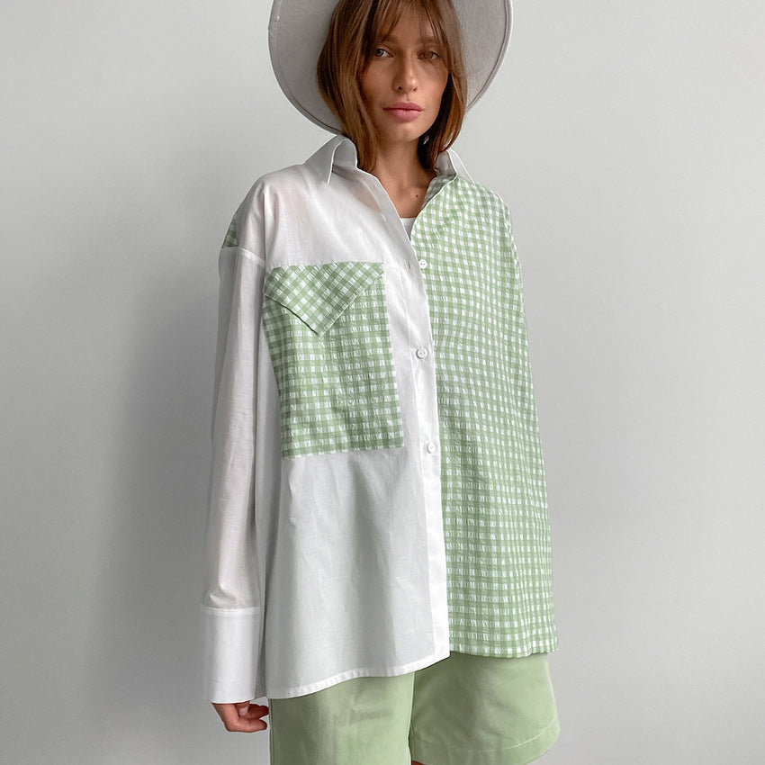 Casual All Matching Shirt Summer Office Contrast Color Check Simple Collared Shirt Sleeve Shirt Women Clothing