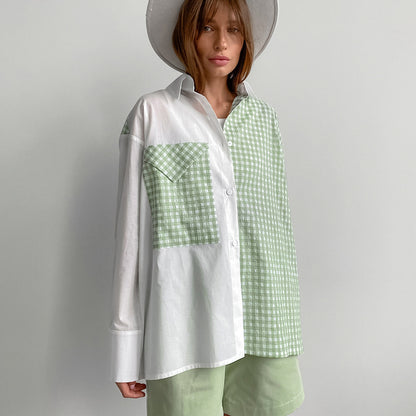 Casual All Matching Shirt Summer Office Contrast Color Check Simple Collared Shirt Sleeve Shirt Women Clothing