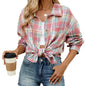 Autumn Winter Polo Collar Long Sleeve Pocket Button Plaid Shirt Top for Women