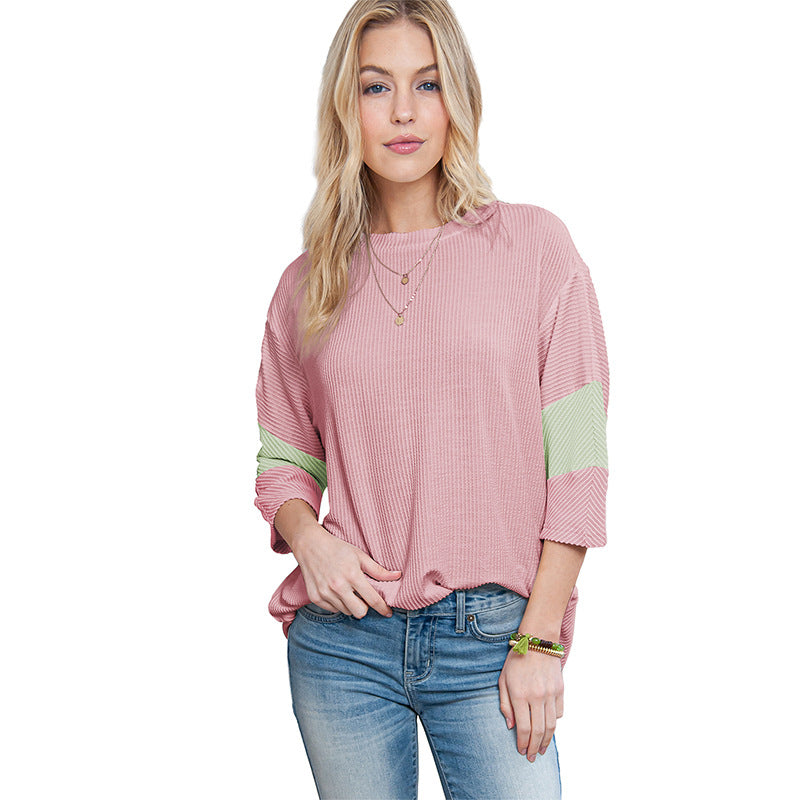 Summer Pullover Three Quarter Sleeve Top Women Color Block Stitching Loose Slim Fit T Shirt Women