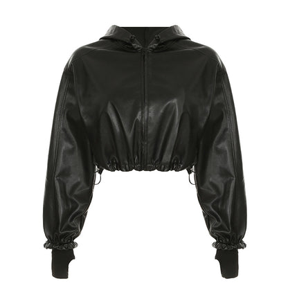 Locomotive Hooded Loose Zipper Leather Jacket Sexy Street Elastic Waisted Cropped Jacket