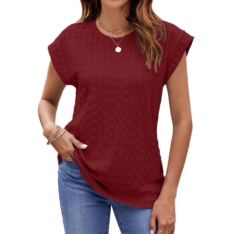 Spring Summer Solid Color Jacquard Loose Fitting round Neck Short Sleeve T shirt Top Women