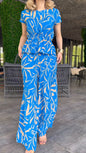 Women Clothing Printed Lace Up Waist Top High Waist Wide Leg Pants Two Piece Set