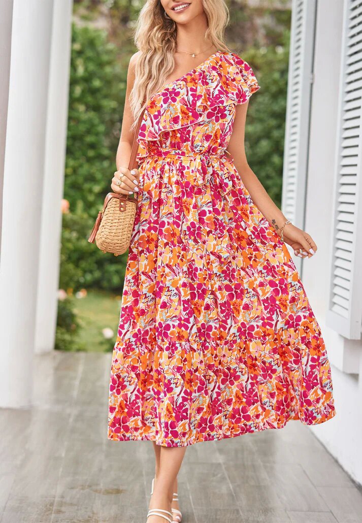 Summer Women Clothing Printed Oblique Shoulder Ruffles Sleeveless Dress