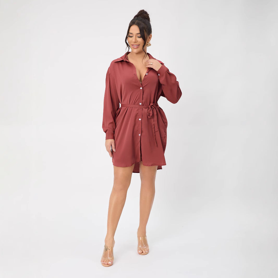 Casual Long Sleeve Women Clothing Long Shirt Collar Belt Two Piece Shorts Sets Women Spring