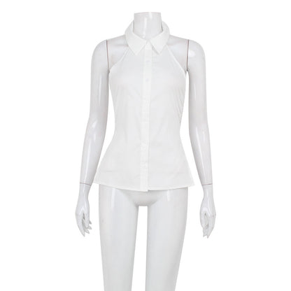 Women Sleeveless Polo Collar Solid Color Halter Shirt Sexy Backless Pleated Graceful Slim Fit Tops Women