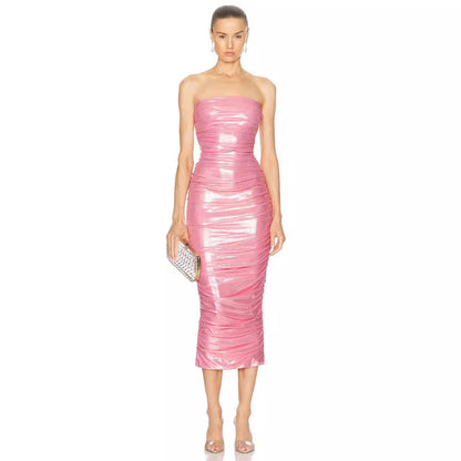 Fluorescent Dress Sexy Party Tube Top Pleated Dress Women Clothing
