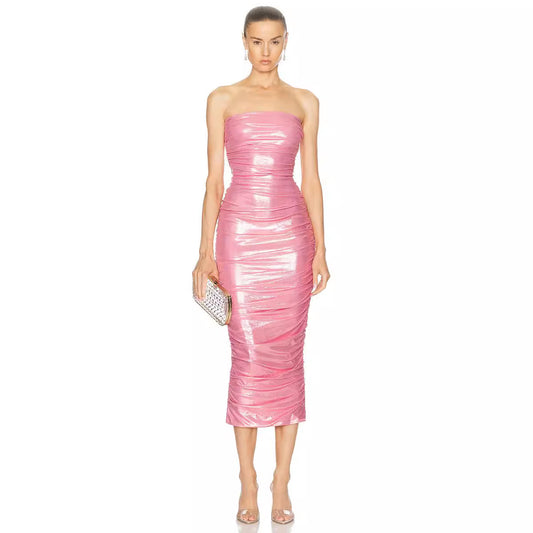 Fluorescent Dress Sexy Party Tube Top Pleated Dress Women Clothing