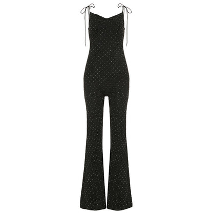 Women Clothing Rhinestone Sexy Siamese Trousers Elegant V neck Slim Fit Sheath Bell Bottom Pants Jumpsuit