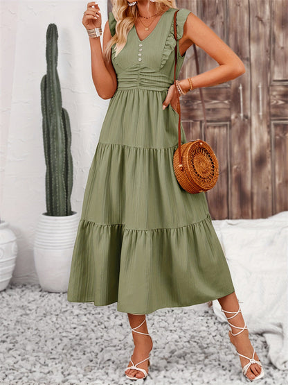 Ruffled Smocking Slim Fit Solid Color Jacquard Long Sleeveless Dress Spring Summer Women Dress Tiered Dress