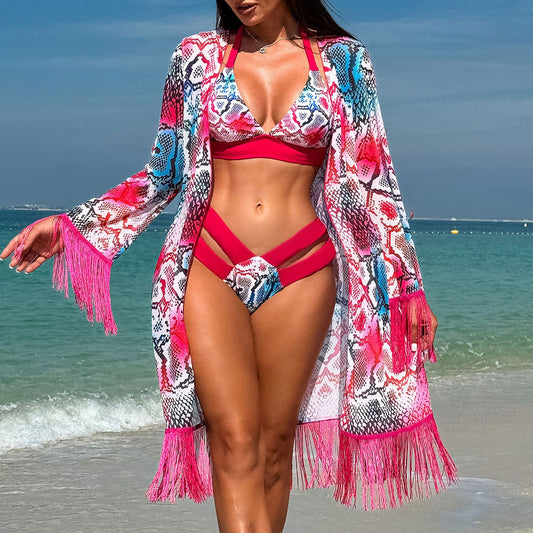 Swimsuit Women Bikini Three Piece Set Veils Skirt Miami Tassel Women Swimsuit