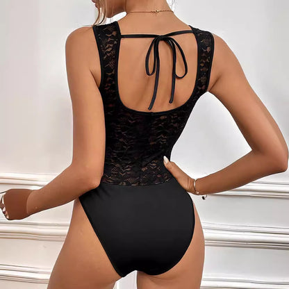 Summer Women Lace Sleeveless Solid Color Jumpsuit
