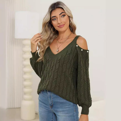 Woven Bottoming Shirt Women Clothing Autumn Winter Deep V Plunge Sexy off Shoulder Loose Pullover Sweater Top Women