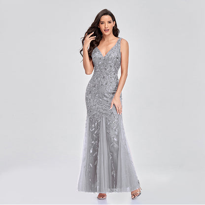 Evening Dress V neck Tulle Embroidered Sequ Sexy Mermaid Prom Dress Women Formal Dress