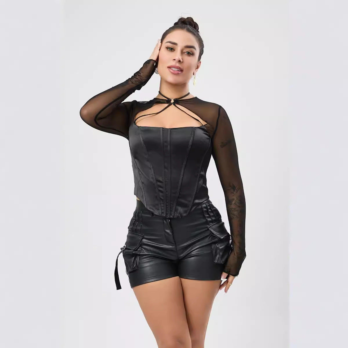 Club Wear Micro Elastic Satin Mesh Stitching Bone Hollow Out Cutout Zipper Sexy Short Top