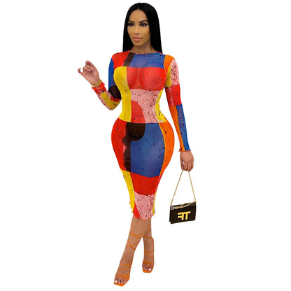 Women Clothing Sexy Mesh See through Digital Printed Long Sleeve Women Midi Dress