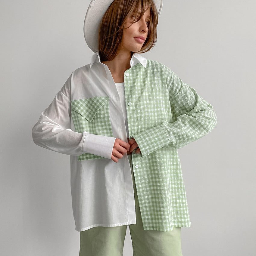 Casual All Matching Shirt Summer Office Contrast Color Check Simple Collared Shirt Sleeve Shirt Women Clothing