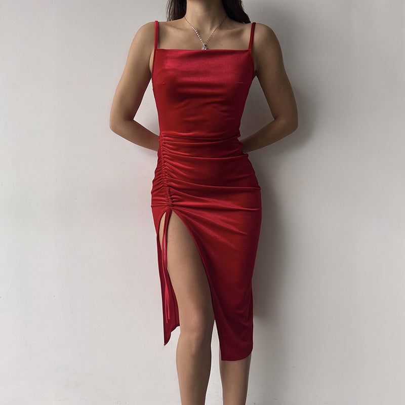 Summer Women Dress Sexy Suede off Neck Slim Sleeveless Split Dress