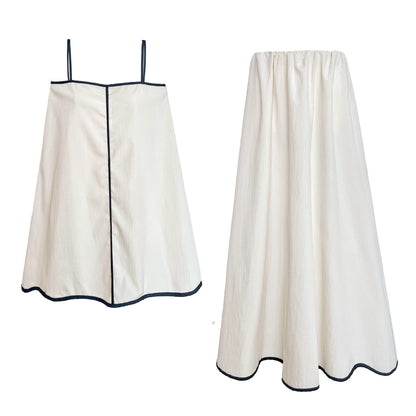 Loose Idle Summer Color Contrast Sling Big Hem Skirt Two Piece Set