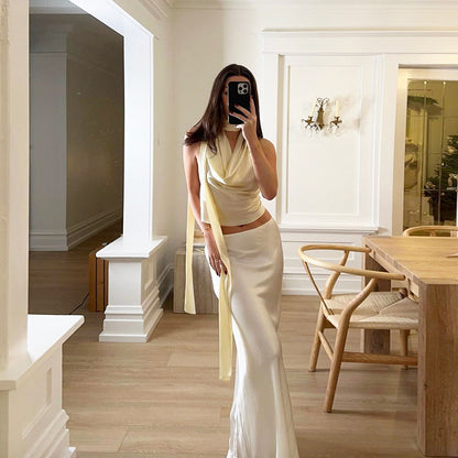 Spring Summer Women Strap Halter Vest High Waist Sheath Skirt Set Women