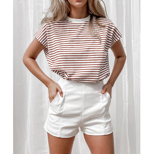 Women Clothing Comfortable Casual round Neck Short Sleeves Top Striped Office Short Sleeve Loose T shirt