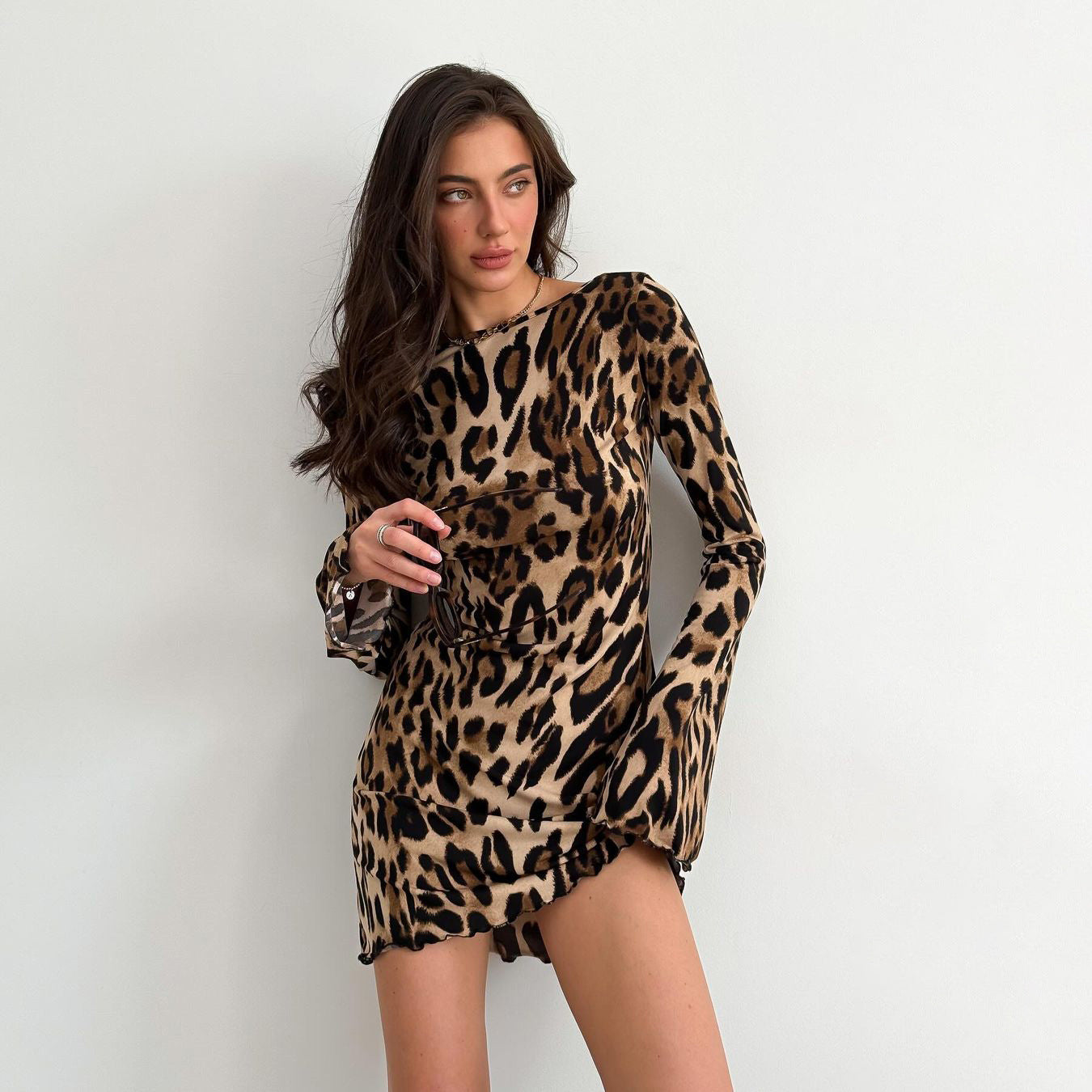 Women Clothing Spring High Waist round Neck Long Sleeved Dress Personality Street Leopard Print Dress