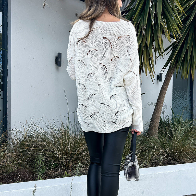 Fall Women Clothing Lace Stitching Mid Length White Sweater Women