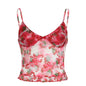 Sweet Spicy Sexy V neck Cherry Print Blooming Mesh Camisole Girl Dopamine Low Cut Cinched Lace Vest